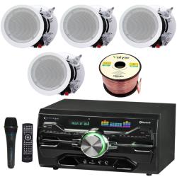 Technical Pro Sound System Kit  - 2 Channel 2000 W Bluetooth Amplifier, w 4 QTY of 65" Framed Ceiling Speakers 200 W Each, Mic, 100 ft Speaker Wire and Remote for Home, Office, Restaurant