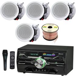 Technical Pro Complete Audio Setup  - 2 Channel 2000 W Bluetooth Amplifier, w 4 QTY of 8" Framed Ceiling Speakers 300 W Each, Mic, 250 ft Speaker Wire and Remote for Office, Restaurant, and Commercial Use