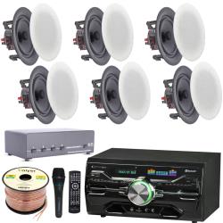 Technical Pro Complete Sound System Package - 2 Channel 2000 W Bluetooth Amplifier w 6 QTY of 525" Frameless Ceiling Speakers 175W Each, 4-Ch Speaker Selector, Mic, 250 ft Speaker Wire and Remote