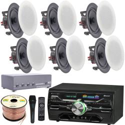 Technical Pro Home Theater Kit - 2 Channel 2000 W Bluetooth Amplifier, w 6 QTY of 8" Frameless Ceiling Speakers 300 W Each, 4-Ch Speaker Selector, Mic, 250ft Speaker Wire and Remote for Home, Office