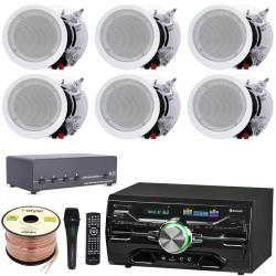 Technical Pro Complete Audio Setup  - 2 Channel 2000 W Bluetooth Amplifier, w 6 QTY of 8" Framed Ceiling Speakers 300 W Each, 4-Ch Speaker Selector, Mic, 250 ft Speaker Wire and Remote