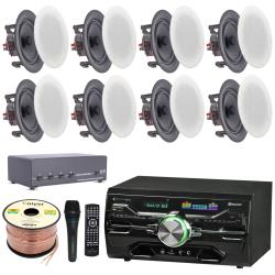 Technical Pro Full Home Theater Kit - 2 Channel 2000 W Bluetooth Amplifier, 8 QTY of 65 Inch Frameless Ceiling Speakers 200 W Each, 4-Ch Speaker Selector, Mic, 250 ft Speaker Wire and Remote