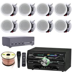 Technical Pro Complete Audio Bundle - 2 Channel 2000 W Bluetooth Amplifier, w 8 QTY of 65" Framed Ceiling Speakers 200 W Each, 4-Ch Speaker Selector, Mic, 250 ft Speaker Wire and Remote