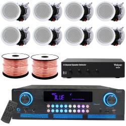 Vaiyer Complete Sound System Kit - 2000 W Bluetooth Amplifier w 8 QTY of 65" Framed Ceiling Speakers 200 W Each, 4-Ch Speaker Selector, 500 ft Speaker Wire and Remote for Home, Office, Bar