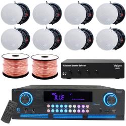 Vaiyer Complete Sound System Kit - 2000 W Bluetooth Amplifier w 8 QTY of 65" Frameless Ceiling Speakers 200 W Each, 4-Ch Speaker Selector, 500 ft Speaker Wire and Remote for Home, Office, Bar