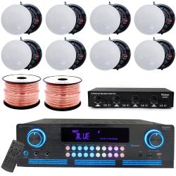 Vaiyer Home Audio Sound System Kit - 2000 W Bluetooth Amplifier w 8 QTY of 65" Frameless Ceiling Speakers 200 W Each, 4-Ch Speaker Selector w Volume Control, 500 ft Speaker Wire and Remote