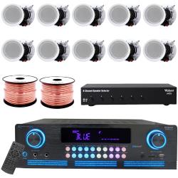Vaiyer Complete Sound System Kit - 2000 W Bluetooth Amplifier w 10 QTY of 525" Framed Ceiling Speakers 175 W Each, 6-Ch Speaker Selector, 500 ft Speaker Wire and Remote for Home, Office, Restaurant