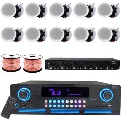 Vaiyer Home Theater Sound System Kit - 2000 W Bluetooth Amplifier w 10 QTY of 525" Framed Ceiling Speakers 175 W Each, 6-Ch Speaker Selector w Volume Control, 500 ft Speaker Wire and Remote