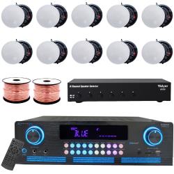 Vaiyer Complete Sound System Kit - 2000 W Bluetooth Amplifier w 10 QTY of 525" Frameless Ceiling Speakers 175 W Each, 6-Ch Speaker Selector, 500 ft Speaker Wire and Remote for Home, Office, Restaurant
