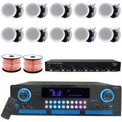 Vaiyer Home Audio Sound System Kit - 2000 W Bluetooth Amplifier w 10 QTY of 65" Framed Ceiling Speakers 200 W Each, 6-Ch Speaker Selector w Volume Control, 500 ft Speaker Wire and Remote