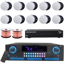 Vaiyer Complete Sound System Kit - 2000 W Bluetooth Amplifier w 10 QTY of 65" Frameless Ceiling Speakers 200 W Each, 6-Ch Speaker Selector, 500 ft Speaker Wire and Remote for Home, Office, Restaurant