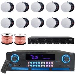 Vaiyer Complete Sound System Kit - 2000 W Bluetooth Amplifier w 10 QTY of 65" Frameless Ceiling Speakers 200 W Each, 6-Ch Speaker Selector w Volume Control, 500 ft Speaker Wire and Remote for Home, Office, Bar