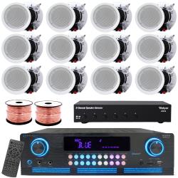 Vaiyer Sound System Kit - 2000 W Bluetooth Amplifier w 12 QTY of 525" Framed Ceiling Speakers 175 W Each, 6-Ch Speaker Selector, 500 ft Speaker Wire and Remote for Home, Office, Restaurant