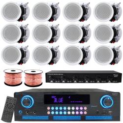 Vaiyer Home Audio Sound System Kit - 2000 W Bluetooth Amplifier w 12 QTY of 525" Framed Ceiling Speakers 175 W Each, 6-Ch Speaker Selector w Volume Control, 500 ft Speaker Wire and Remote