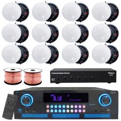 Vaiyer Complete Home Theater Kit - 2000 W Bluetooth Amplifier w 12 QTY of 525" Frameless Ceiling Speakers 175 W Each, 6-Ch Speaker Selector, 500 ft Speaker Wire and Remote for Home, Office, Restaurant