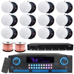 Vaiyer Home Audio Sound System Kit - 2000 W Bluetooth Amplifier w 12 QTY of 525" Frameless Ceiling Speakers 175 W Each, 6-Ch Speaker Selector w Volume Control, 500 ft Speaker Wire and Remote