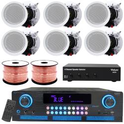 Vaiyer Complete Sound System Kit - 2000 W Bluetooth Amplifier w 6 QTY of 8" Framed Ceiling Speakers 300 W Each, 4-Ch Speaker Selector, 500 ft Speaker Wire and Remote for Home, Office, Bar