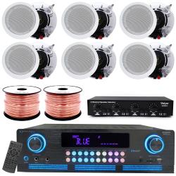 Vaiyer Complete Sound System Kit - 2000 W Bluetooth Amplifier w 6 QTY of 8" Frameless Ceiling Speakers 300 W Each, 4-Ch Speaker Selector w Volume Control, 500 ft Speaker Wire and Remote for Home, Office, Bar