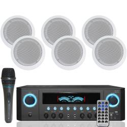 Technical Pro 1000 W Home Stereo Receiver Bundle w 525" (6 QTY) of 175 W Flush Mount in-Wall in-Ceiling Framed Speakers, Mic and Remote Included Home Theater System - Office, Living Room