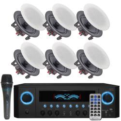 Technical Pro 1000 W Home Stereo Receiver Bundle w 525" (6 QTY) of 175 W Flush Mount in-Wall in-Ceiling Frameless Speakers, Mic and Remote Included Home Theater System - Office, Living Room