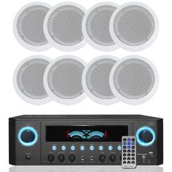 Technical Pro 1000 W Home Stereo Receiver System Bundle w 65" (8 QTY) of 200 W Flush Mount in-Wall in-Ceiling Framed Speakers w Remote Home Theater System - Perfect for Office, Living Room