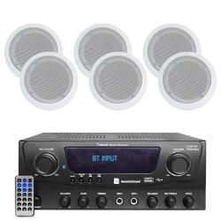 Technical Pro 2-Ch 1000 W Home Stereo Bluetooth Receiver Kit w 525" (6 QTY) 175 W Flush Mount in-Wall in-Ceiling 2-Way Speakers w Remote Control Home Theater System - Office, Living Room