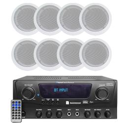 Technical Pro 2-Ch 1000 W Home Stereo Bluetooth Receiver Kit w 65" (8 QTY) 200 W Flush Mount in-Wall in-Ceiling 2-Way Speakers w Remote Control Home Theater System - Office, Living Room
