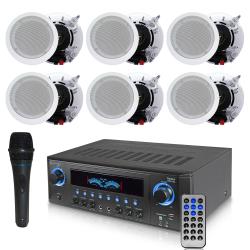 Technical Pro 1000 Watts Professional Home Stereo Receiver with USB and SD Card Inputs Portable Microphone with Digital Processing and (Qty 6) 525” Ceiling Wall Mount Frame-less Speakers