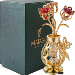 24K Gold Plated Crystal Studded Flower Ornament in Vase with Decorative Butterfly by Matashi (Red Crystals)