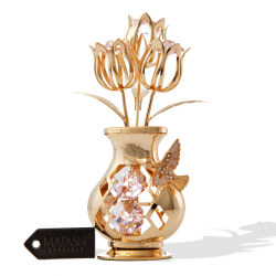 24K Gold Plated Crystal Studded Flower Ornament in a Vase with Decorative Hummingbird by Matashi Pink Crystals)