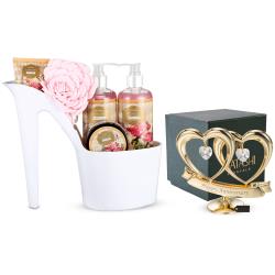 Matashi Combo of Happy Anniversary and Heel Shoe Spa Gift Basket Set(Rose, 5 Pcs) - 24K Gold Plating Crystals Ornament and Bath Essentials for Her - Perfect for Birthday, Mothers Day Gift Ideas for Women