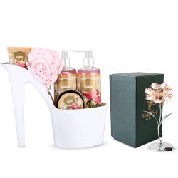 Matashi Combo of Sunflower Ornament and Heel Shoe Spa Gift Basket Set(Rose, 5 Pcs) - Chrome, Rose Gold Plated Crystal Flower and Bath Essentials - Perfect for Birthday, Mothers Day Gift Ideas for Women
