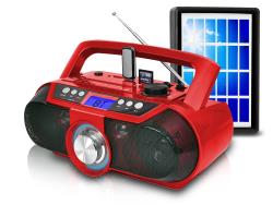 Rechargeable Bluetooth Portable Solar Powered Speaker with AM FM Manual Tuner, USB SD Inputs, 30 Feet Bluetooth Range, Lightweight and Compact Design, Perfect On-The-Go Speaker, 4 Built-in Woofers, Carry Handle -Red