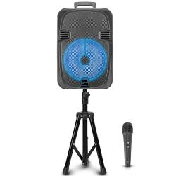 Technical Pro Rechargeable 12 Inch Bluetooth LED Speaker, FM Radio, LED Woofer, Playback controls, Rechargeable Battery, SD USB Inputs, Tripod Included, TWS Stereo Sound, Wired Mic and Wireless Remote Included