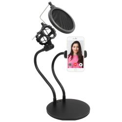Phone Holder with Microphone Pop Filter - Live Stream, Social Media and Studio Recording - Flexible Gooseneck Mic Arm by Technical Pro