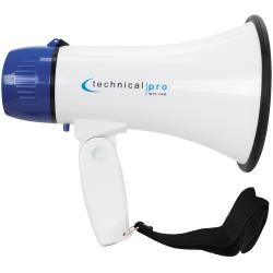 Technical Pro 50 Watts Lightweight Portable 1000 Feet Range White and Blue Megaphone Bullhorn with Strap, Siren,Record, and Volume Control,Compact Design,  Good for Trainers, Soccer, Football, Baseball, Coaches, Kids, Teachers