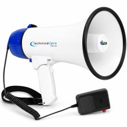 Technical Pro 50 Watts Lightweight Portable 1000 Feet Range White and Blue Megaphone Bullhorn with Strap, Siren, Record, and Volume Control, Compact Design, Rechargeable Battery Good for Trainers, Soccer, Football, Baseball, Coaches, Kids, Teachers