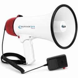Technical Pro 50 Watts Lightweight Portable 1000 Feet Range White and Red Megaphone Bullhorn  with Strap, Siren, Record, and Volume Control, Compact Design, Rechargeable Battery Good for Trainers, Soccer, Football, Baseball, Coaches, Kids, Teachers