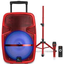 Technical Pro PARTY15RPKG2 Red 15" Rechargeable Bluetooth LED Loudspeaker Package with Tripod and Microphone