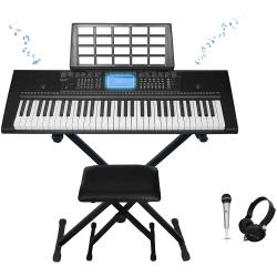 61 Keys Electric Piano Learning Keyboard Bundle with Seat, Stand and Mic, 3x Learning Mode, Built In Speaker Headphone, LCD Display, LED Lights, SeatStand Included, USB, Wired Mic Included
