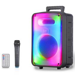 Technical Pro 600 watts Rechargeable 8" Two Way Bluetooth Loudspeaker with LED Glow Wall,Running LED Ring, FM Radio, Playback controls, USB, Rechargeable Battery, TWS Stereo Sound and Carry Handles, Wireless Mic and Remote Included