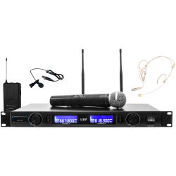 Professional Dual UHF Wireless Microphone Lapel and Headset System Set, Individual XLR outputs per channel, one 14 mixed output, Ideal for Church, Karaoke, Events, PA, DJ,