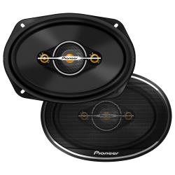 Pair of  PIONEER TS-A6971F, 4-Way Coaxial Car Audio Speakers, Full Range, Clear Sound Quality, Easy Installation and Enhanced Bass Response, Black and Gold Colored 6” x 9” Oval Speakers
