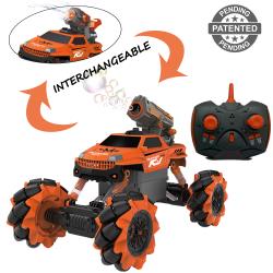 RC Remote Control Car for Kids with Interchangeable Toy Bubble Blaster and Water Gun Tops, Rock Crawler Outdoor Vehicle with 360° Movement, Rechargeable