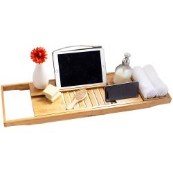 Vaiyer Bamboo Bathtub Tray, Caddy Wooden Bath Tray, Table with Extending Sides, Reading Rack, Tablet Holder, Cellphone Tray and Wine Glass Holder