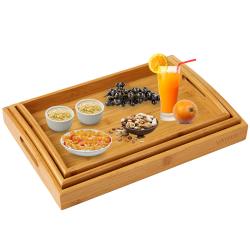 3 Piece Bamboo Breakfast Serving Tray with Handles, Nesting Serving Trays Platters Set for Food, Breakfast, Dinner, Ottoman Coffee Table, Parties, Restaurants