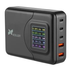 Compact 5-Port 200W GaN USB Charger, Built-In LED Display, Supports QC4 and Super Fast, PD 30 and PPS Fast Charging, 3 x 100W USB-C Ports, 2 x 225W USB-A Ports, Detachable Power Cable by Xcellon