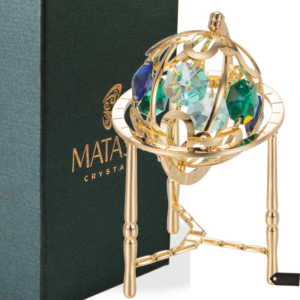 Matashi 24K Gold Plated Spinning Globe Ornament w/ Colored Crystals