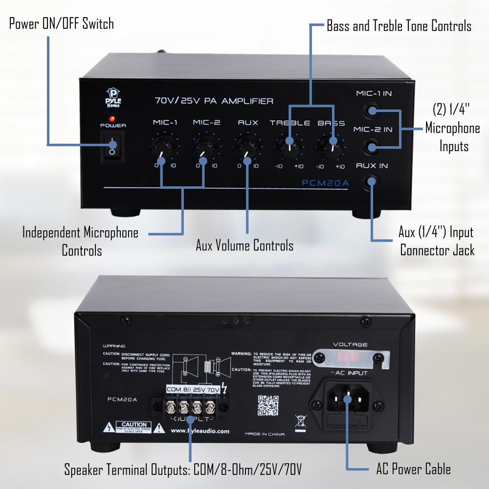 PyleHome PCM20A 25V/70V Power Amplifier Microphone Audio/Speaker