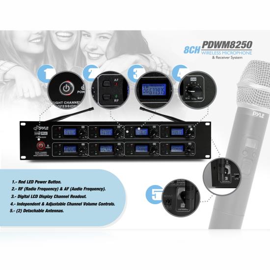 Pyle PDWM8250 8Channel Wireless Microphone & Receiver System, (8